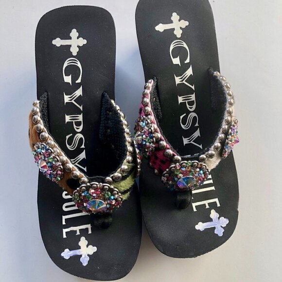 GYPSY SOULE Black Platform Flip-flops BeDazzle Swarovski Crystal Rhinestones 8 - Picture 13 of 16